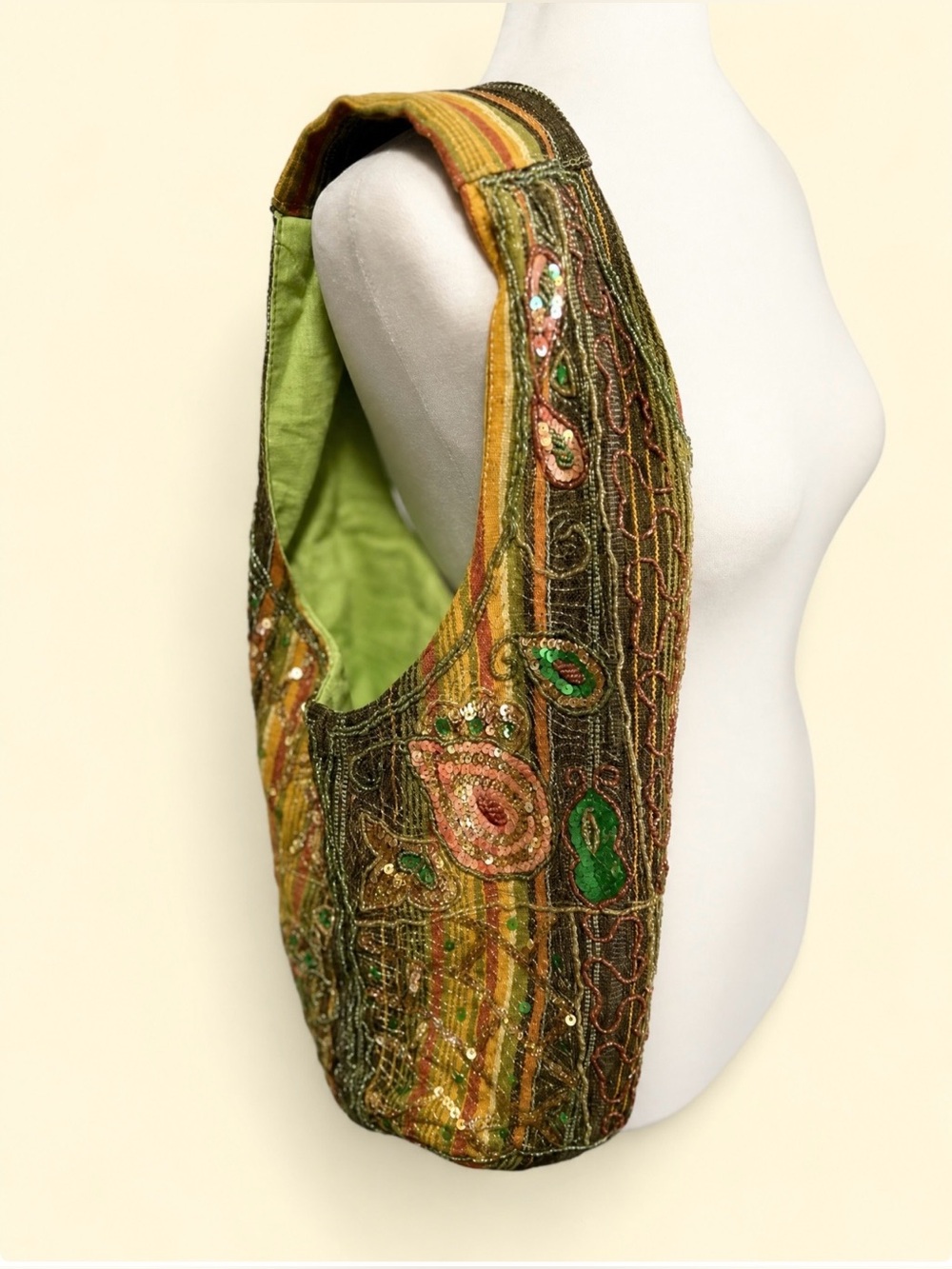 🎁 Boho Sequin Beaded Paisley Hobo Bag Olive Gold Burnt Orange Purse New